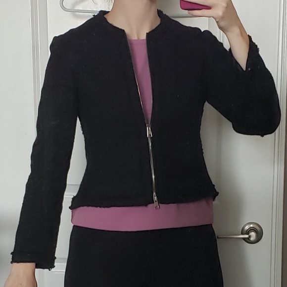 Theory Black Fringe Tweed Jacket Sz M - Picture 2 of 11